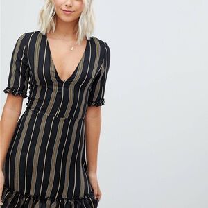 Parisian v-neck stripe print dress with frill details